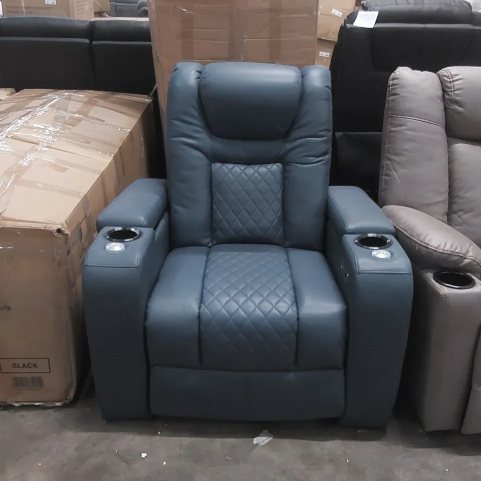 QUALITY DESIGNER FAUX LEATHER ELECTRIC RECLINING ARMCHAIR WITH CUPHOLDERS - BLUE