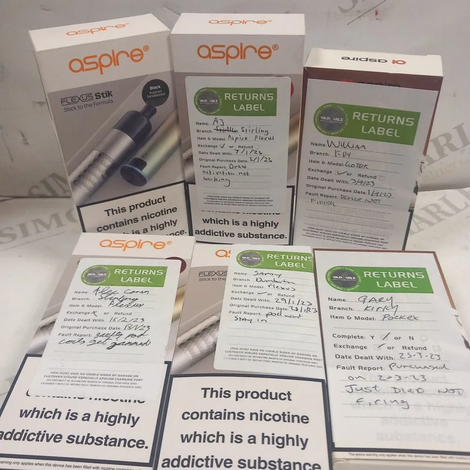 5 ASSORTED ASPIRE VAPING PRODUCTS TO INCLUDE; FLEXUS STIK KIT AND GO TEK X 