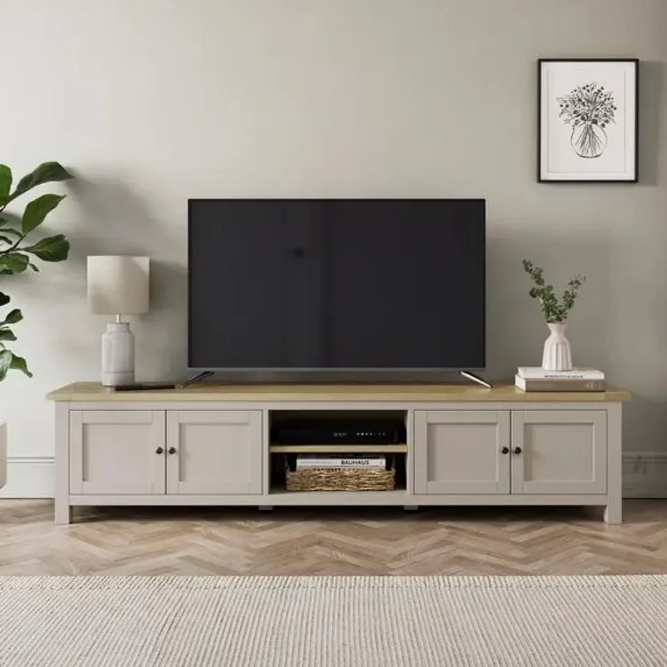 BOXED OLNEY SUPERWIDE TV UNIT FOR TVS UP TO 60" - STONE (1 BOX)
