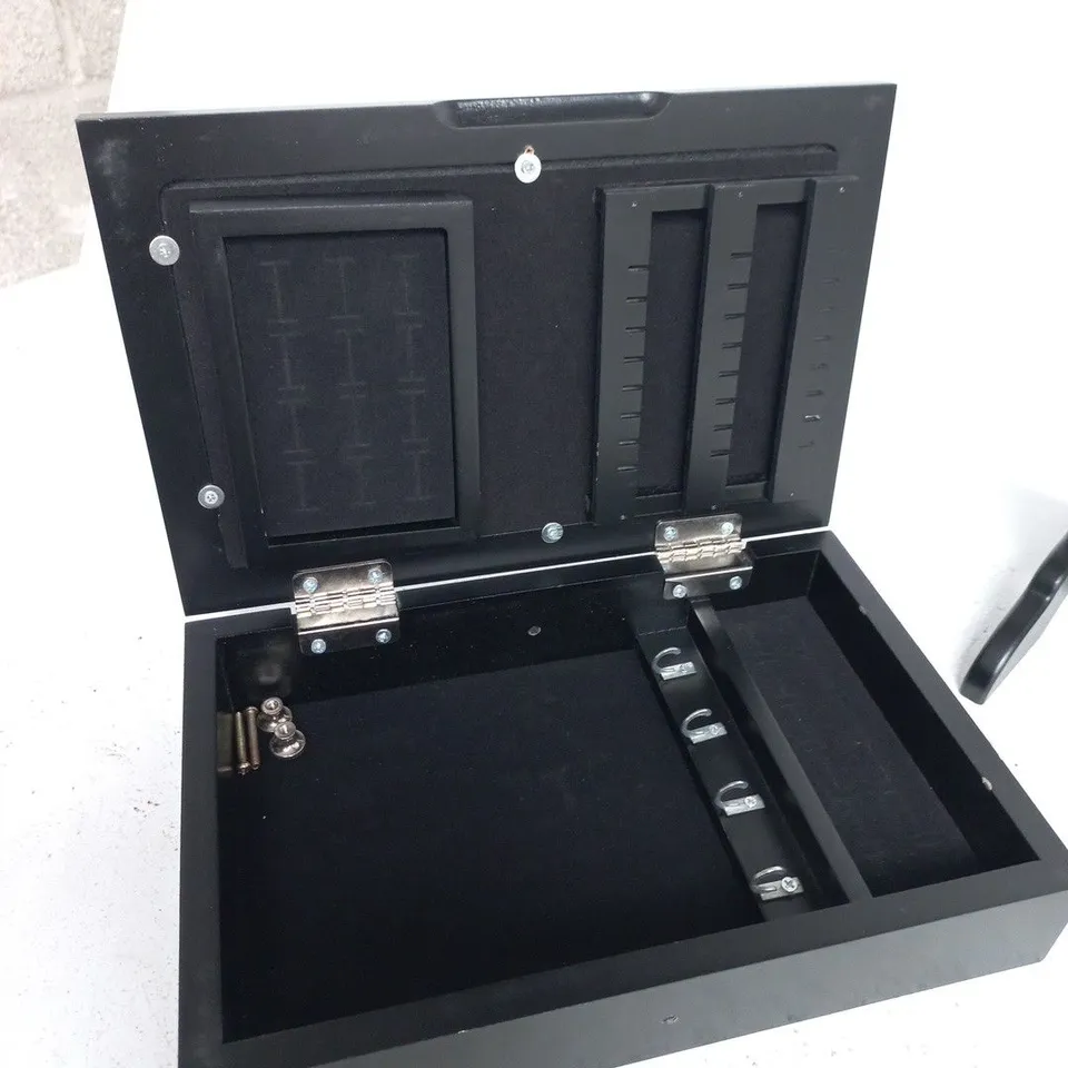 MIRRORED STORAGE MIRROR ON ADJUSTABLE STAND - BLACK WOOD