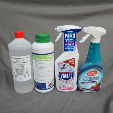 TOTE OF ASSORTED HOUSEHOLD ITEMS TO INCLUDE LITTER TRAY SPRAY, VIAKAL AND SILICONE OIL