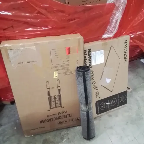 PALLET OF ASSORTED HOUSEHOLD GOODS AND PRODUCTS TO INCLUDE;LADDER,RUG,BATHROOM MAT