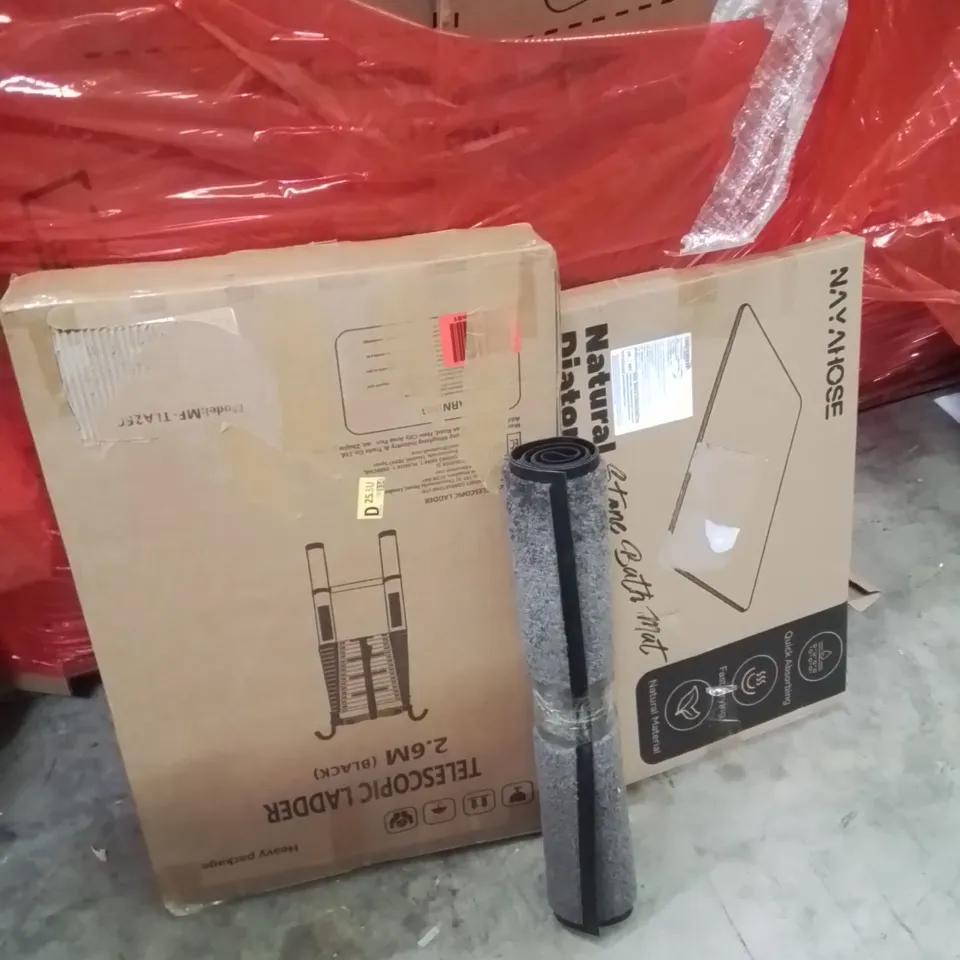 PALLET OF ASSORTED HOUSEHOLD GOODS AND PRODUCTS TO INCLUDE;LADDER,RUG,BATHROOM MAT