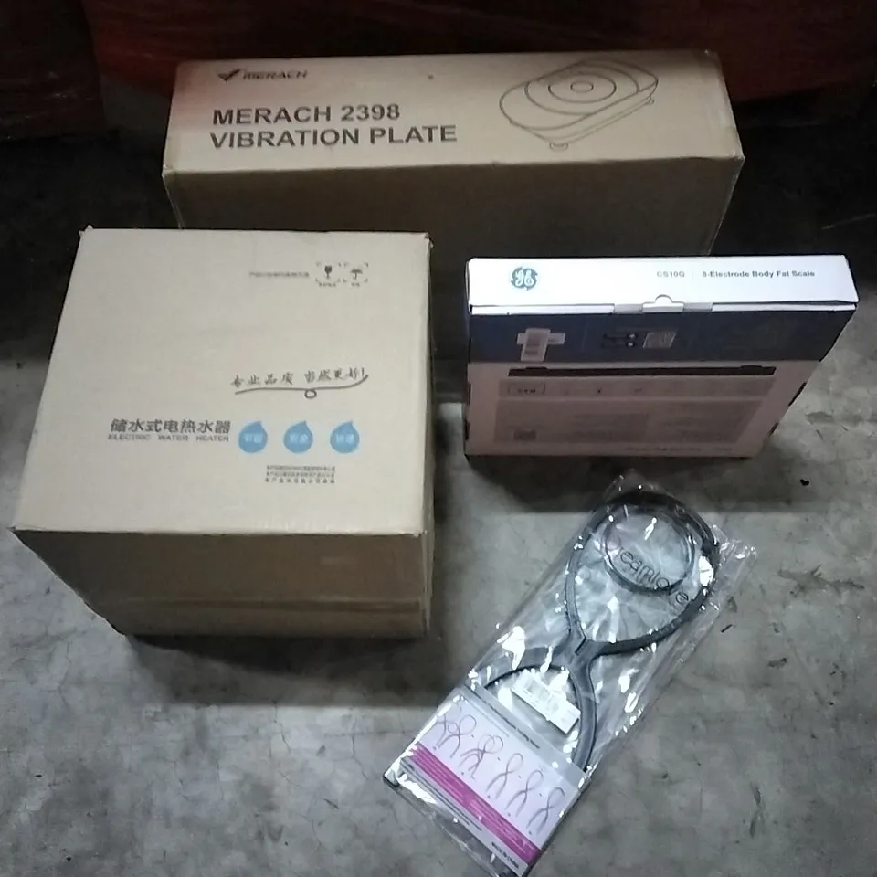 PALLET OF HOUSEHOLD ITEMS TO INCLUDE VIBRATION PLATE, 8-ELECTRODE BODY FAT SCALE, WIG STAND, ELECTRIC WATER HEATER AND OTHER ASSORTED ITEMS...