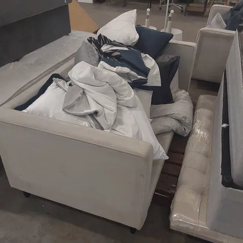 PALLET OF ASSORTED FURNITURE INCLUDING: SOFA, CUSHIONS, BEDDING ECT