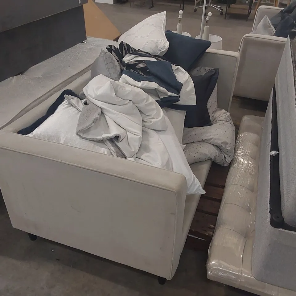 PALLET OF ASSORTED FURNITURE INCLUDING: SOFA, CUSHIONS, BEDDING ECT