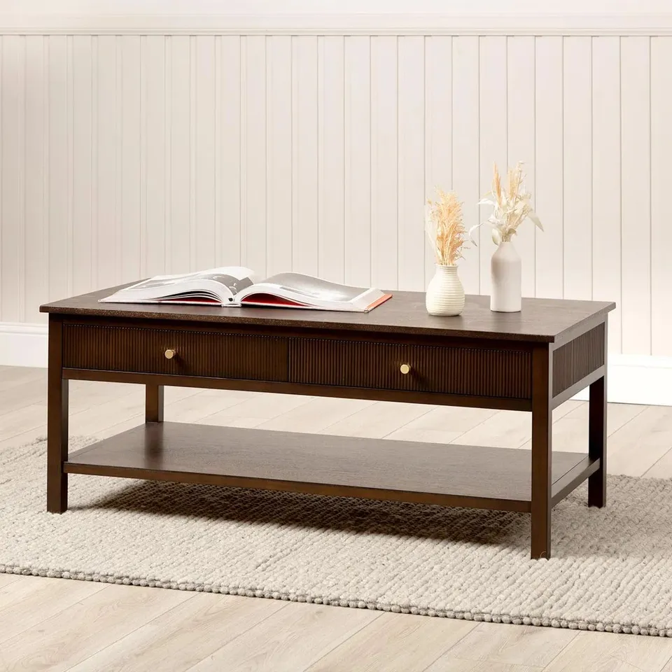 BOXED WALLSBURG WOODEN COFFEE TABLE FOR LIVING ROOM WITH 2 DRAWERS & SHELF STORAGE 