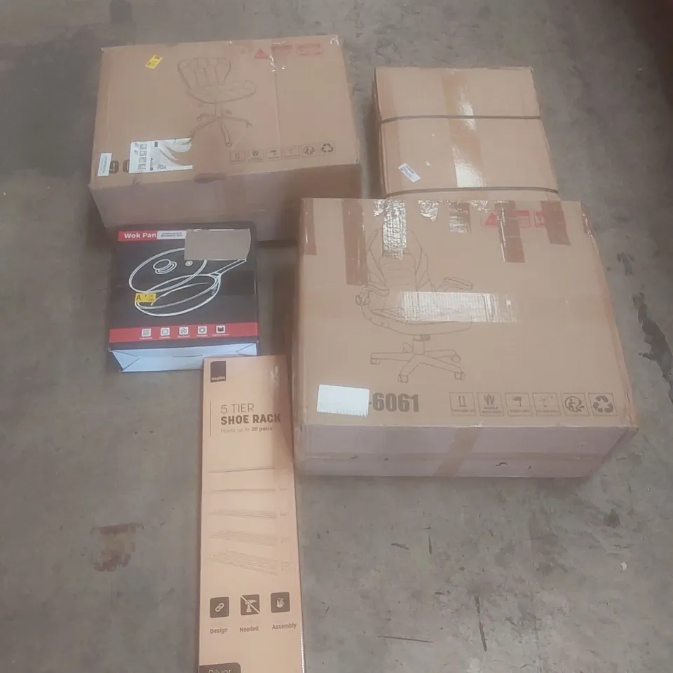 PALLET OF ASSORTED HOUSEHOLD GOODS AND PRODUCTS TO INCLUDE; BAGS OF COMPOST, OFFICE CHAIRS, COOKING PAN, SHOE RACKS, BOXED FURNITURE ETC