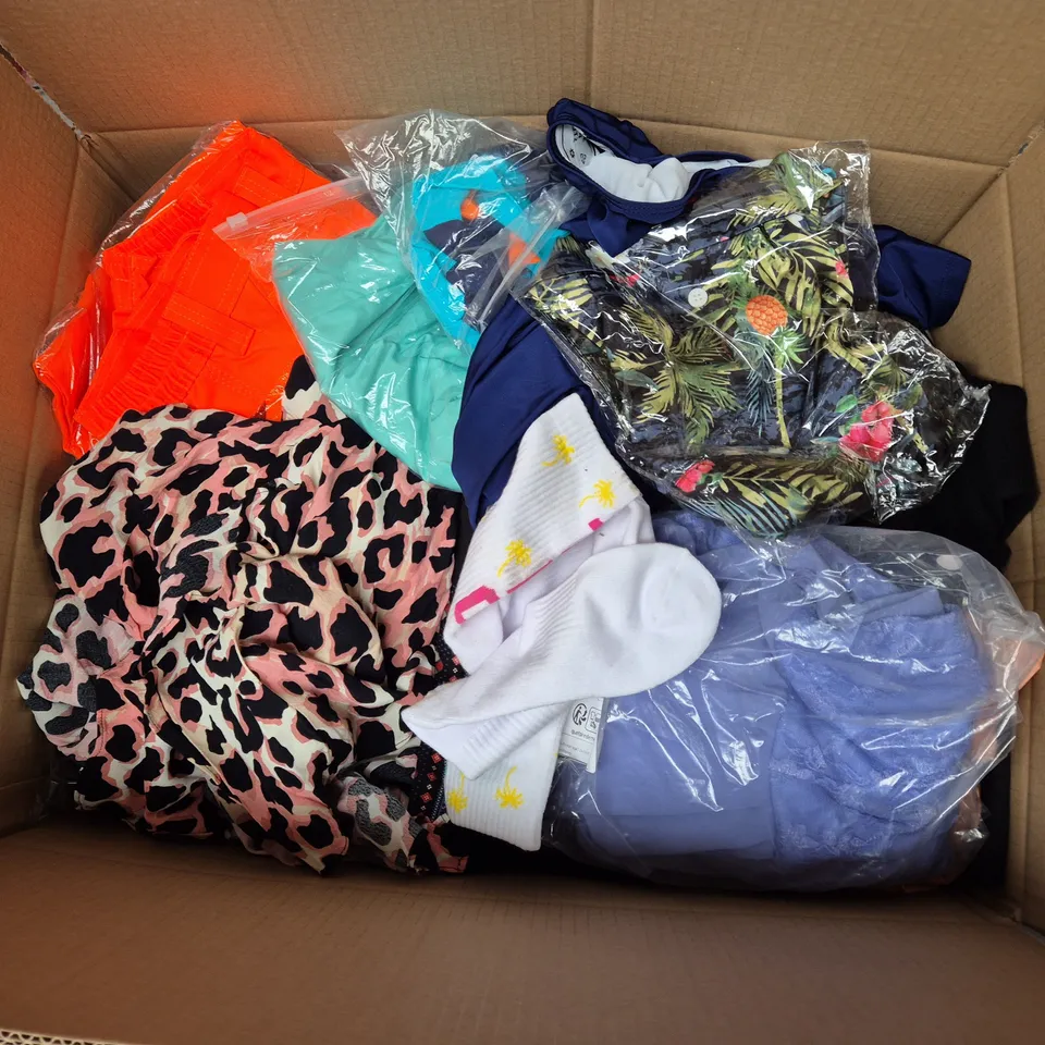 LARGE BOX OF ASSORTED CLOTHING ITEMS IN VARIOUS SIZES, STYLES AND COLOUR 