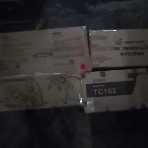 PALLET OF ASSORTED ITEMS INCLUDING PRO TRAMPOLINE, INFLATABLE SUP BOARD, TV STAND, SELECT MIRRORS RHONE