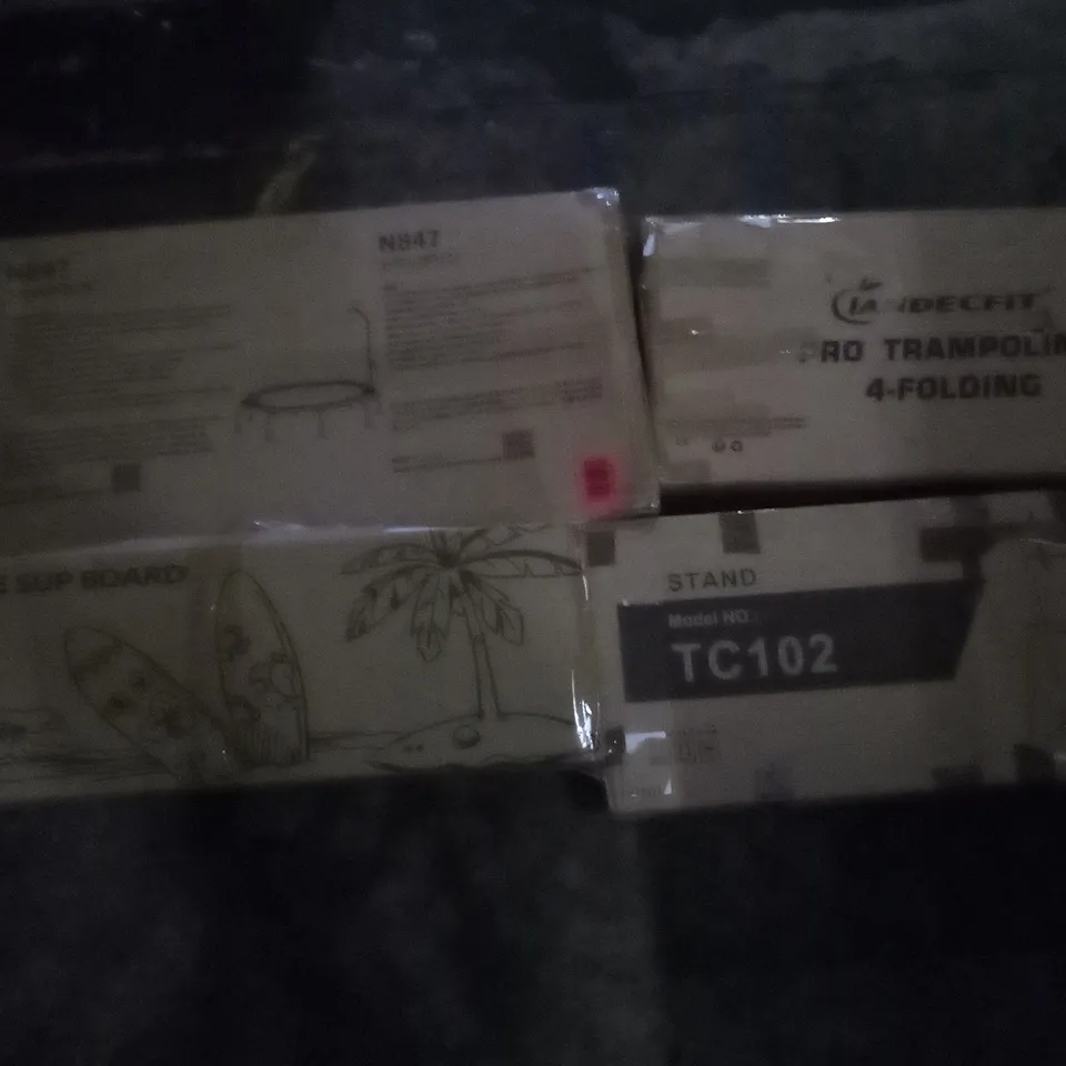 PALLET OF ASSORTED ITEMS INCLUDING PRO TRAMPOLINE, INFLATABLE SUP BOARD, TV STAND, SELECT MIRRORS RHONE