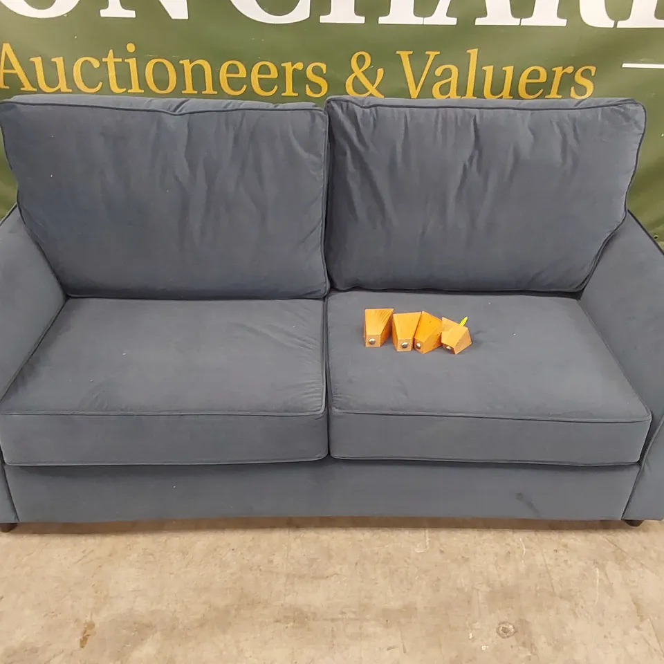 QUALITY DESIGNER 3 SEATER BLUE VELVET SOFA BED