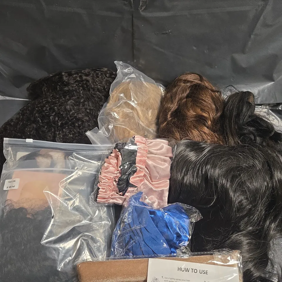 BOX OF APPROXIMATELY 15 ASSORTED WIGS AND HAIR ACCESSORIES