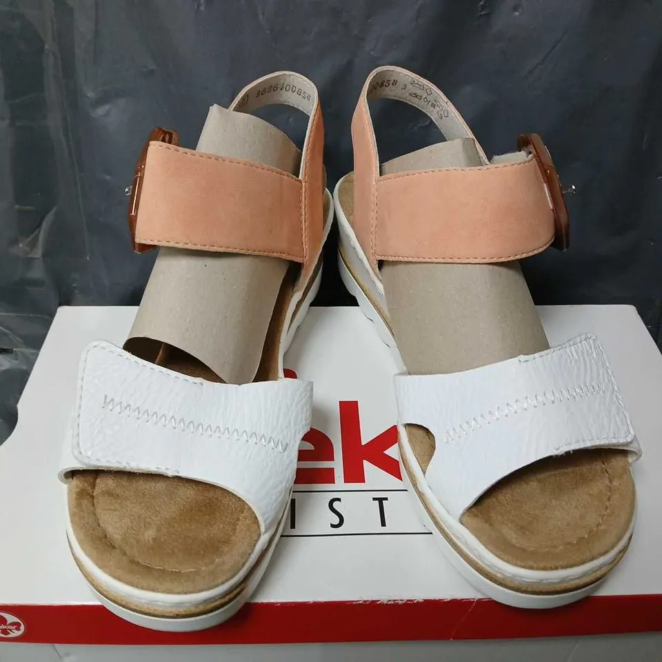 BOXED RIEKER BUCKLE WEDGE SANDALS IN APRICOT - SIZE 5