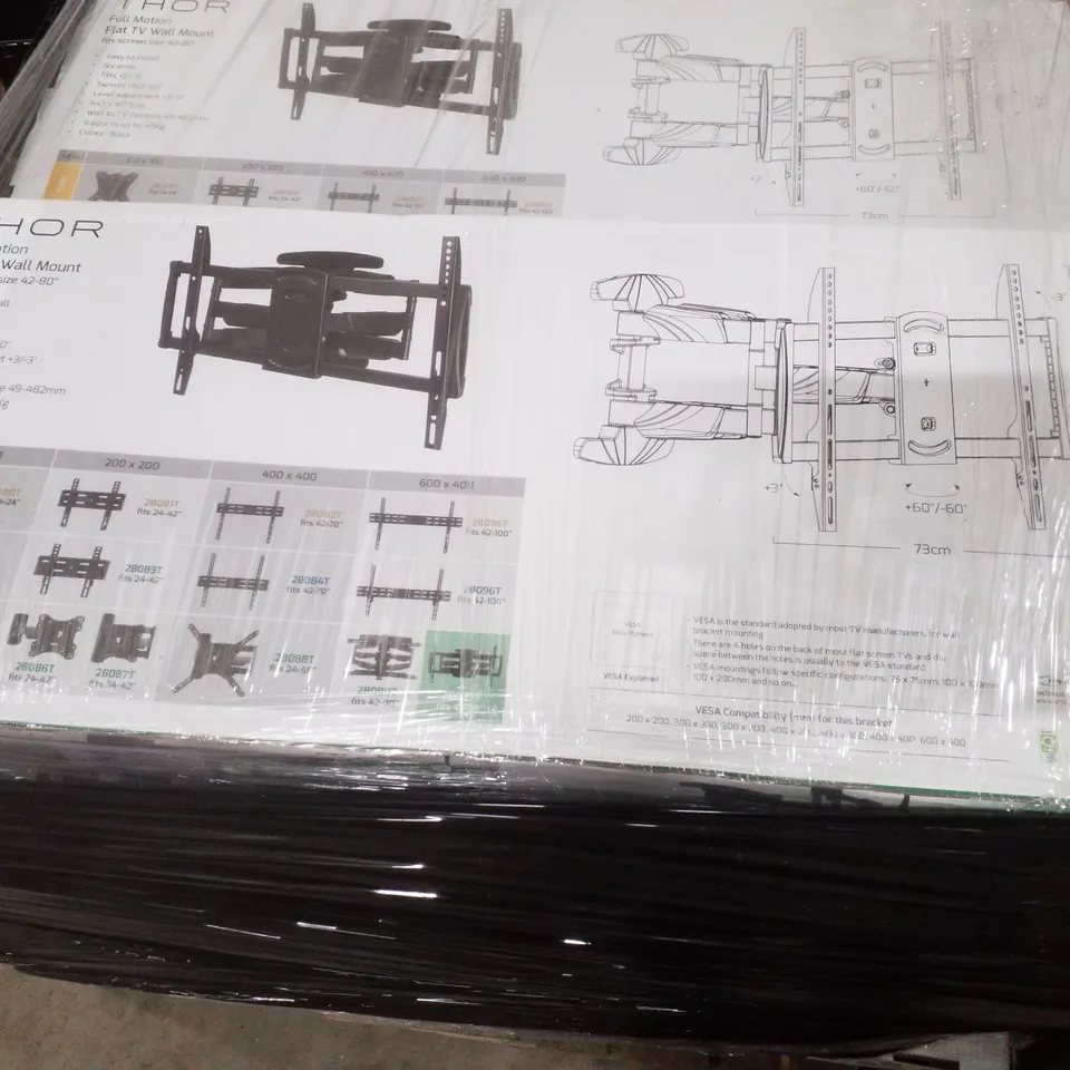 PALLET CONTAINING APPROXIMATELY 30 FULL MOTION  FLAT TV WALL MOUNTS FITS SCREEN SIZE 42-80"