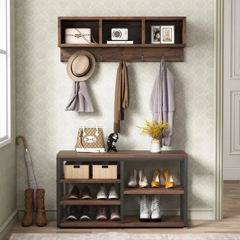 BOXED SWIPE STEEL HALL TREE WITH BENCH