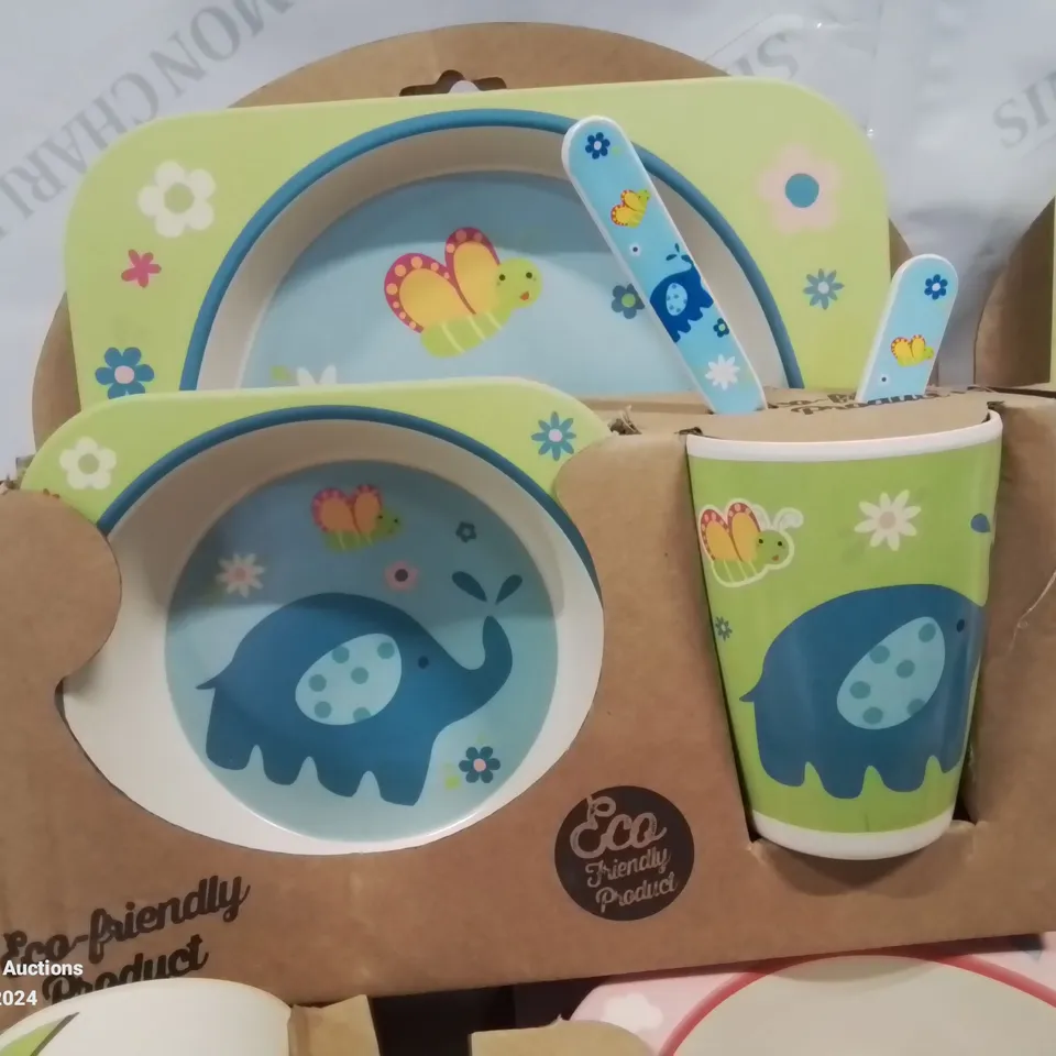 12 SETS OF CHILDREN'S ECO FRIENDLY PLATE, BOWL, CUP AND CUTLERY SETS.