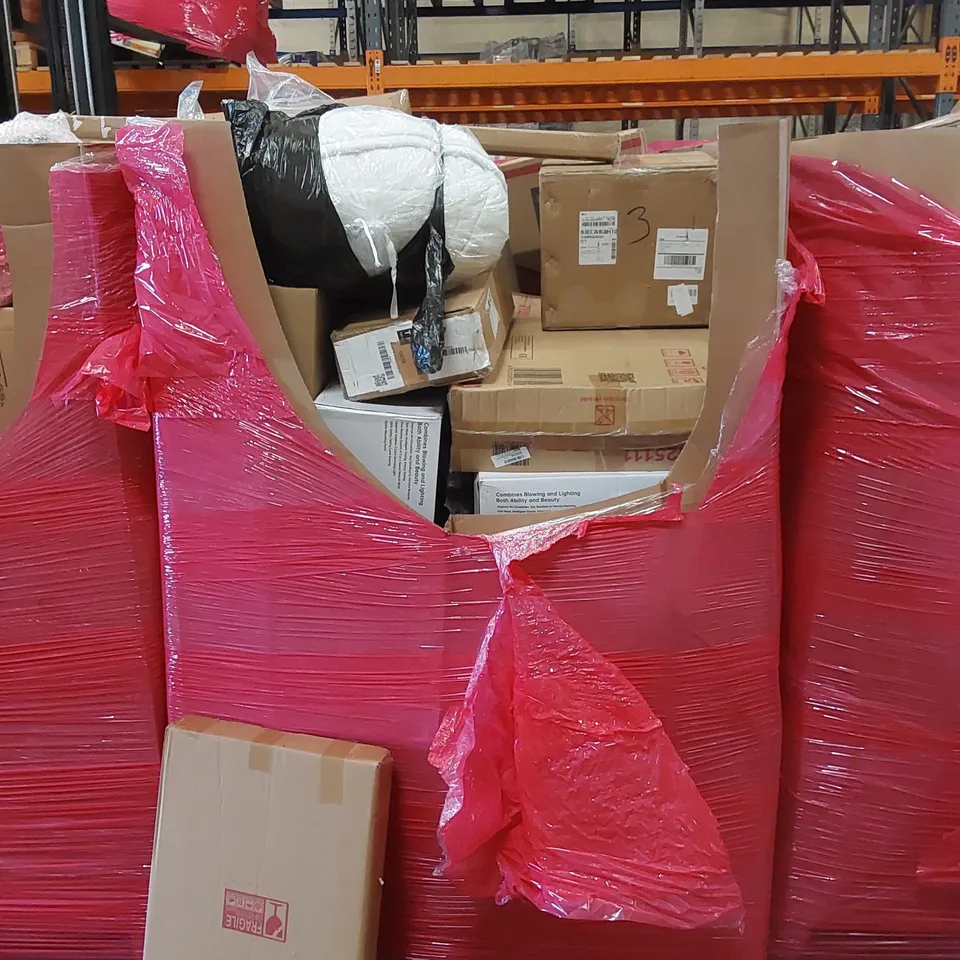 PALLET CONTAINING VARIOUS ASSORTED BOXED HOUSEHOLD ITEMS TO INCLUDE: SHEEP SHEAR, SMALL BINS, FAN LIGHTS, BOXED FURNITURE ETC