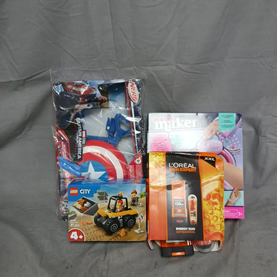 BOX OF APPROXIMATELY 10 ASSORTED HOUSEHOLD ITEMS TO INCLUDE - COOL MAKER BRACELET KIT - L'OREAL DUO - LEGO CITY WHEEL LOADER - ETC