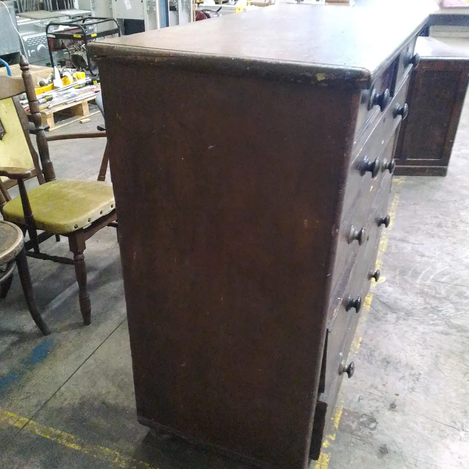 ANTIQUE TWO OVER FOUR DARK WOOD CHEST OF DRAWERS WITH BUN HANDLES