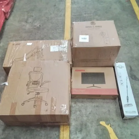 PALLET OF ASSORTED ITEMS TO INCLUDE: OFFICE CHAIR, LED MONITOR, ANGEL HORN AUDIO TURNTABLE, KIDS SLIDE, WATER MOP SPRAY ECT