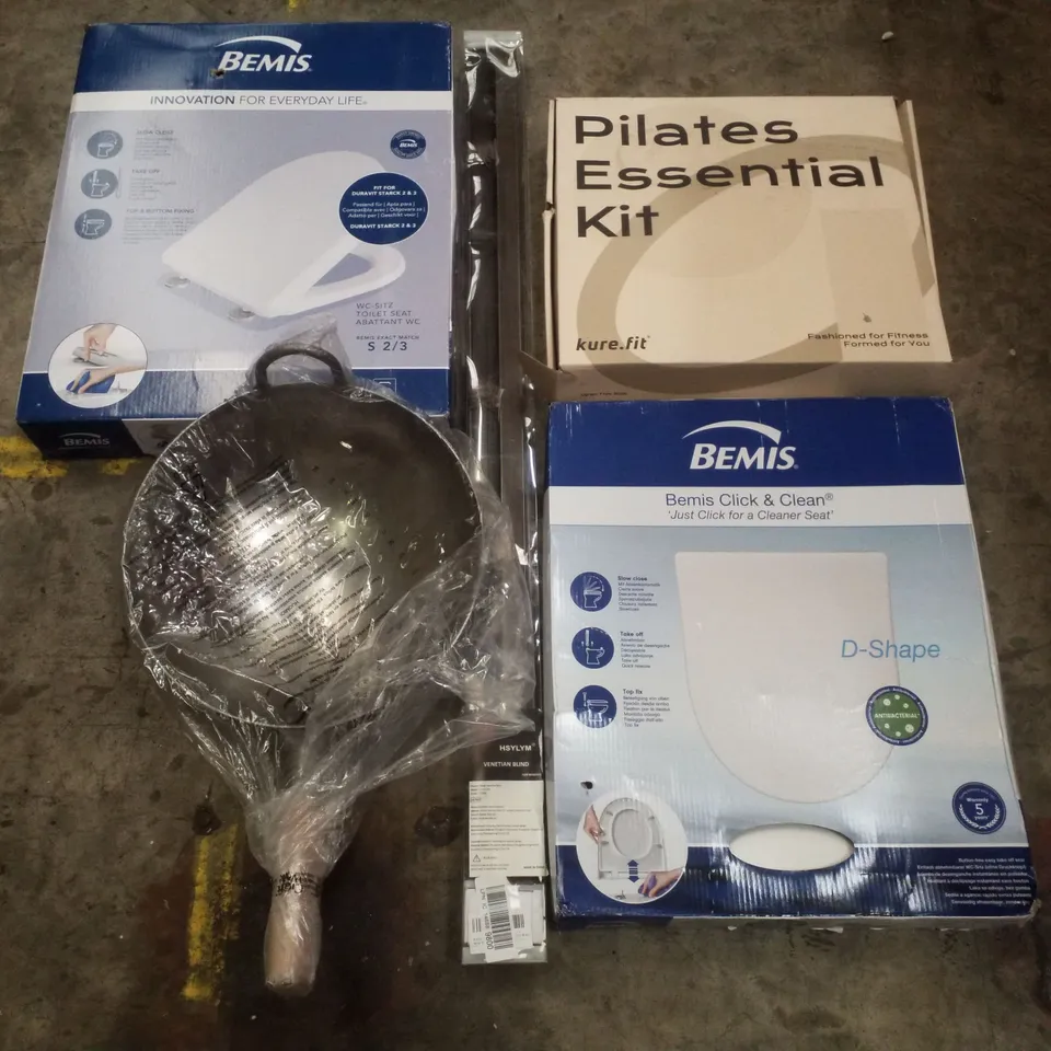 PALLET CONTAINING ASSORTED PRODUCTS INCLUDING TOILET SEATS, PILATES ESSENTIAL KIT, ROLLER BLIND, WOK & OFFICE CHAIR