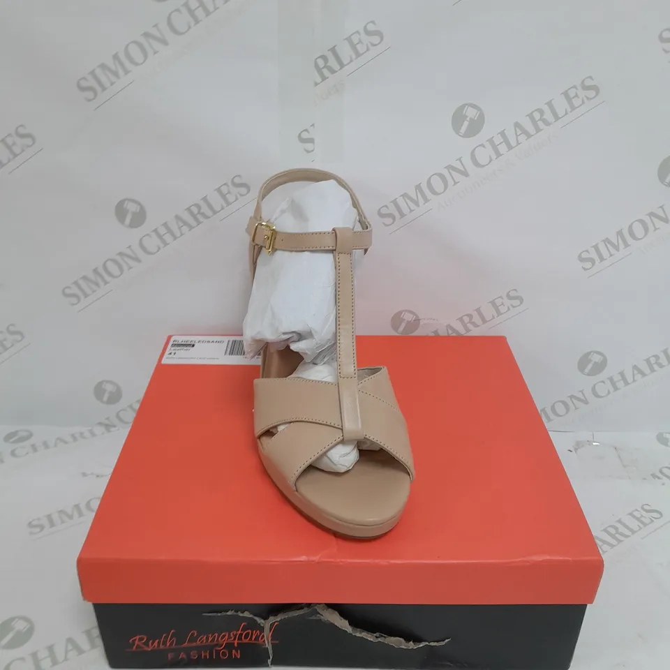 BOXED PAIR OF RUTH LANGSFORD HEELED SANDALS IN MATTE ALMOND SIZE 8
