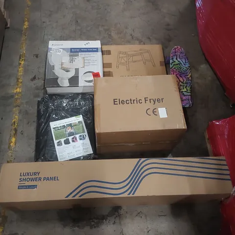 PALLET OF ASSORTED ITEMS INCLUDING: ELECTRIC FRYER, MINI SKATEBOARD, LUXURY SHOWER PANEL, PET BACKPACK, RAISED TOILET SEAT ECT