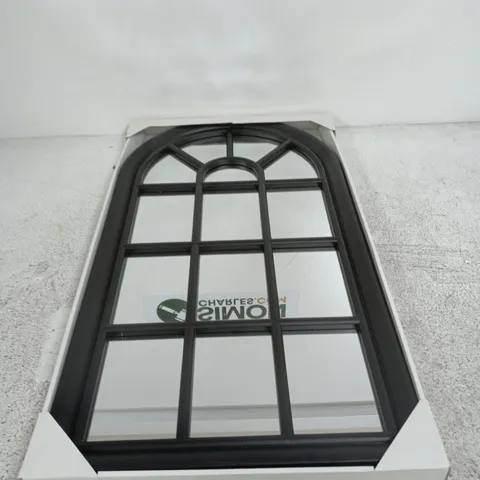 ARCHED BLACK METAL WINDOW DECORATIVE MIRROR