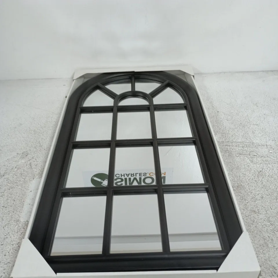 ARCHED BLACK METAL WINDOW DECORATIVE MIRROR