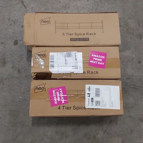LOT OF 3X NEO SPICE RACKS: 2x 4 TIER SPICE RACKS, 1x 5 TIER SPICE RACK (1 ITEM)