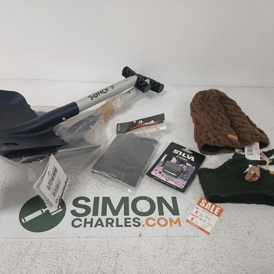 APPROXIMATELY 10 ASSORTED PRODUCTS TO INCLUDE; JONES JON SHOVEL EXCAVATOR, SILVA EX DISTANCE IGNITE BEANIE AND JONES TAILCLIP