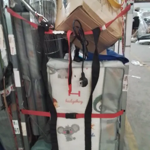 CAGE OF ASSORTED HOUSEHOLD GOODS AND PRODUCTS TO INCLUDE;FAN,BABY CHANGING PAD,STORAGE BASKET,COOLING BOX