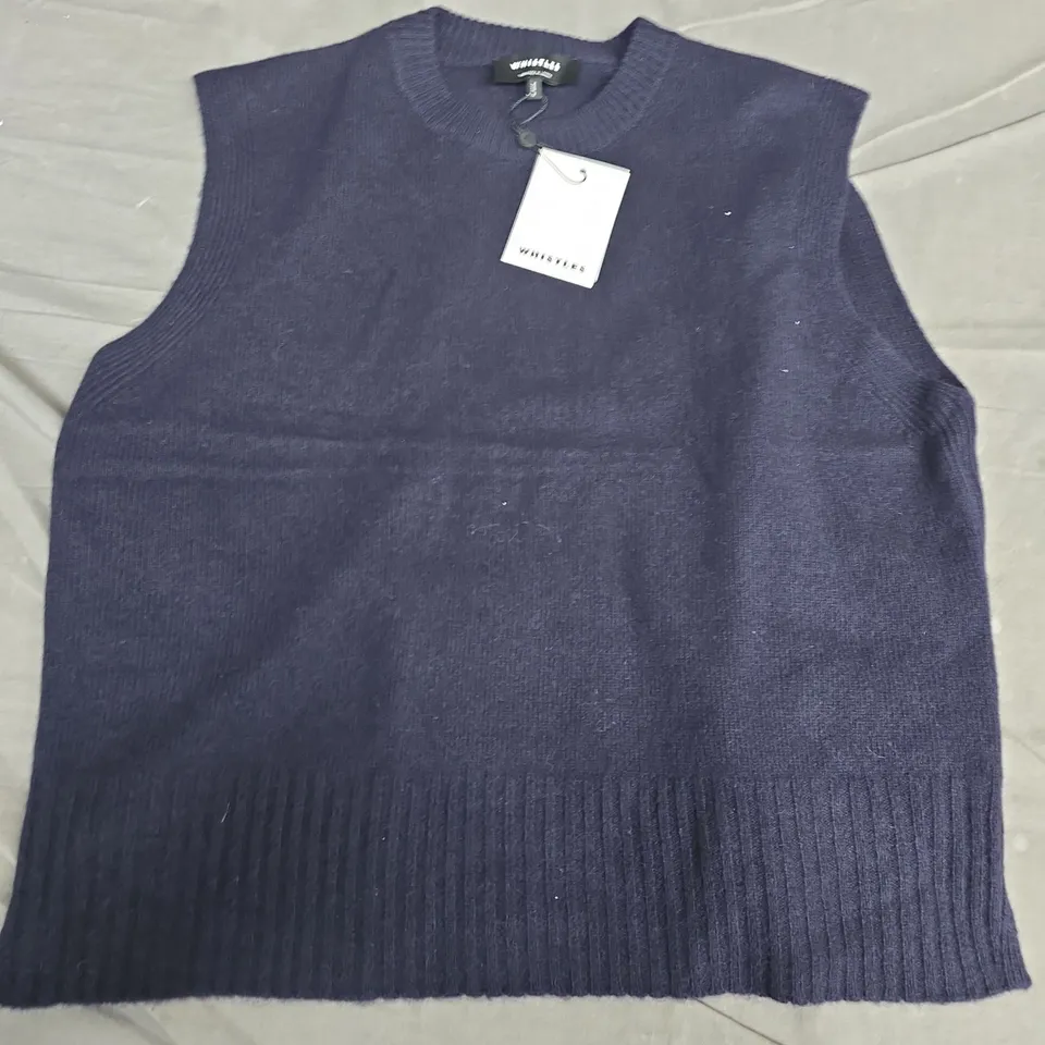 WHISTLES WOOL SLEEVELESS TANK – NAVY KNIT VEST, SIZE M (WOMEN)