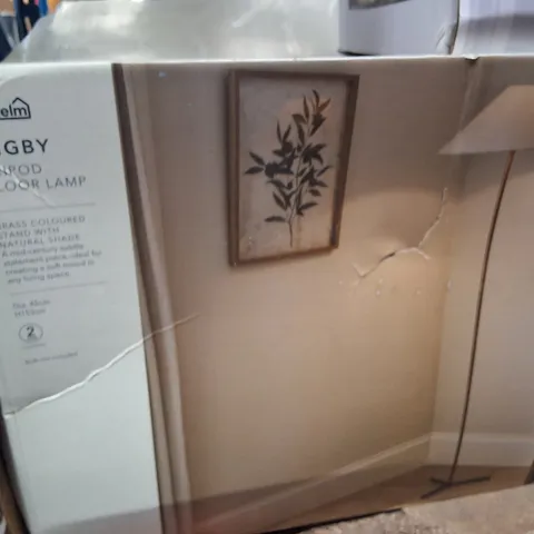 BOXED DUNELM DIGBY TRIPOD FLOOR LAMP – BRASS-COLOURED STAND WITH NATURAL SHADE