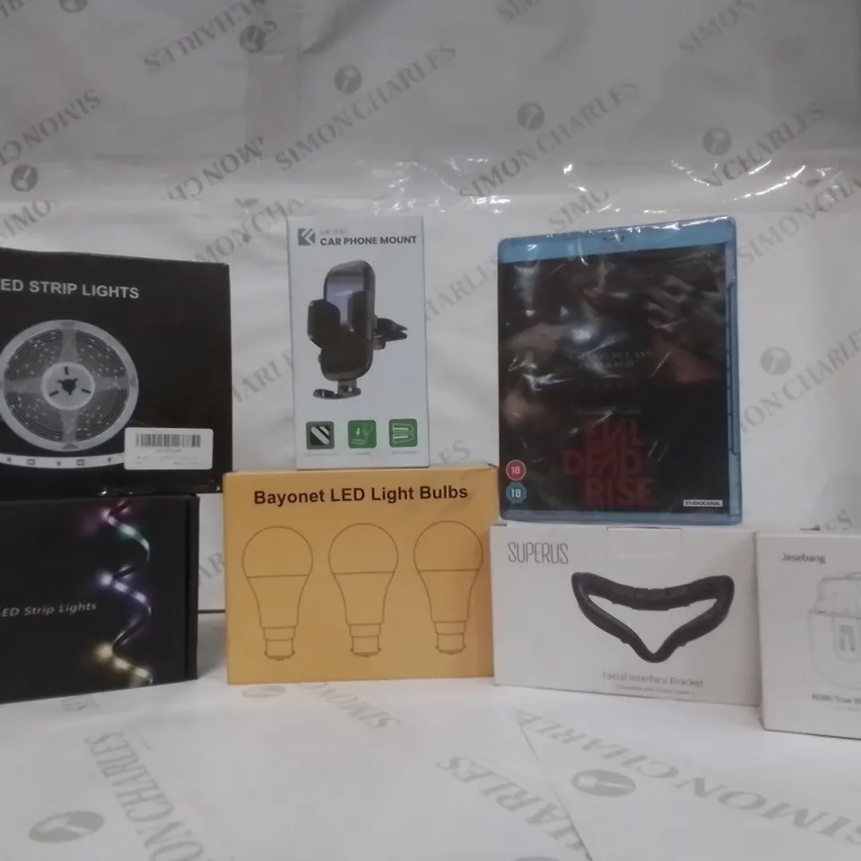 BOX OF ASSORTED ELECTRICAL GOODS TO INCLUDE;LED STRIP LIGHTS, EVIL DEAD RISE BLUERAY, WIRELESS EAR BUDS ETC