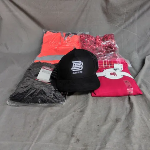 BOX OF APPROXIMATELY 25 ASSORTED CLOTHING ITEMS INCLUDING HIGH VIS HOODIE, RED SPARKLY LADIES TOP, KETTLES CAP AND LONG SLEEVE PYJAMA SET