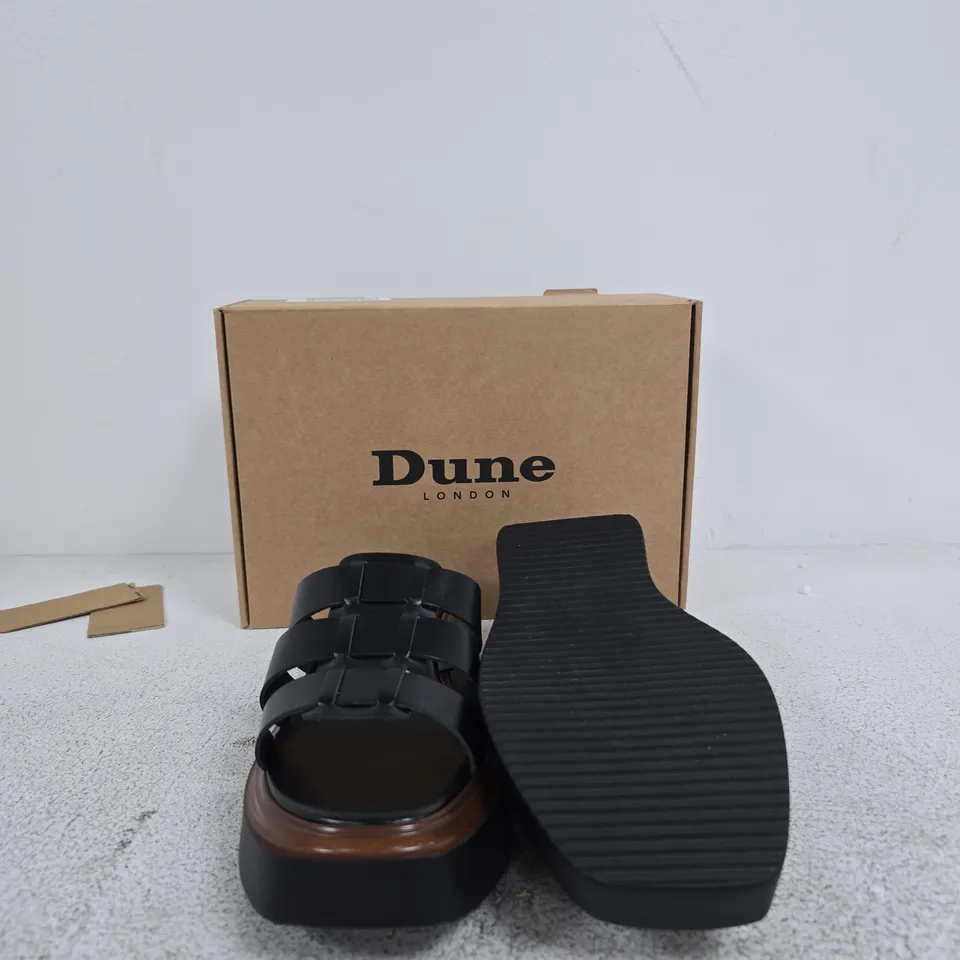DUNE LONDON LANTO BLACK LEATHER FLATFORM SANDALS – UK 6 (EU 39)
