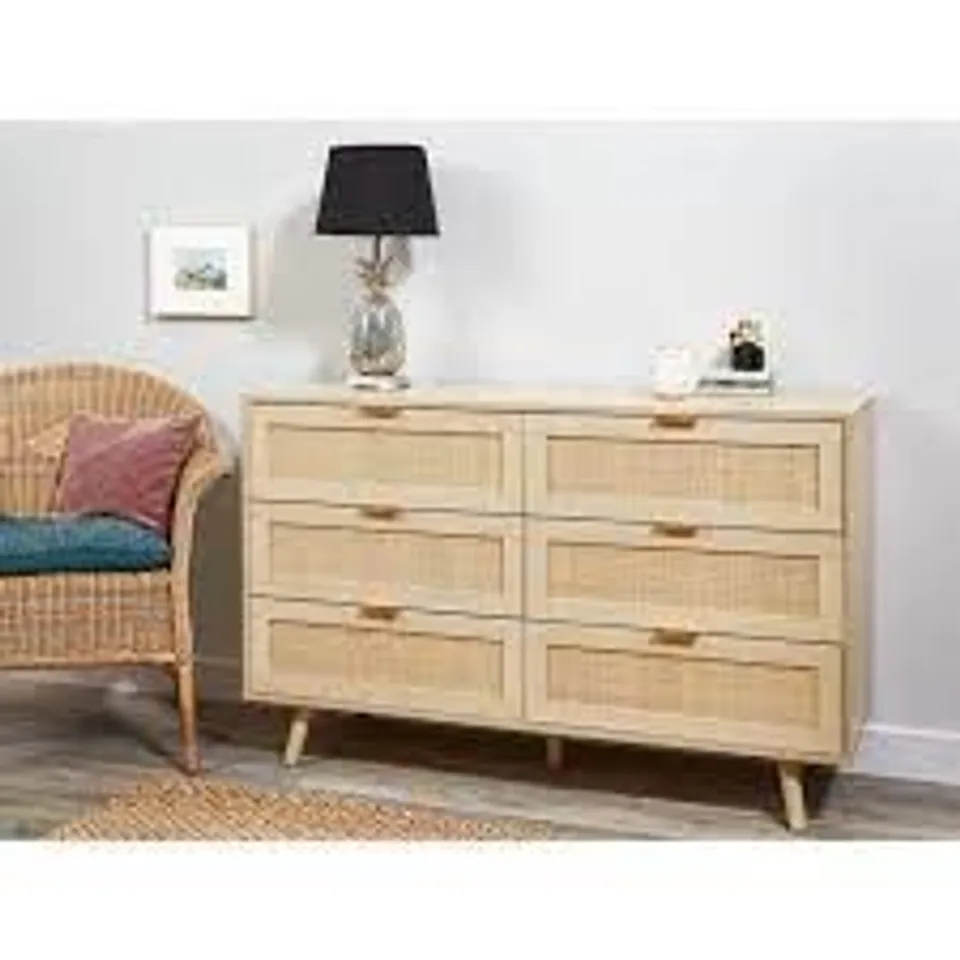 BOXED CORRALE 6 DRAWER CHEST LIGHT RATTAN width 119cm