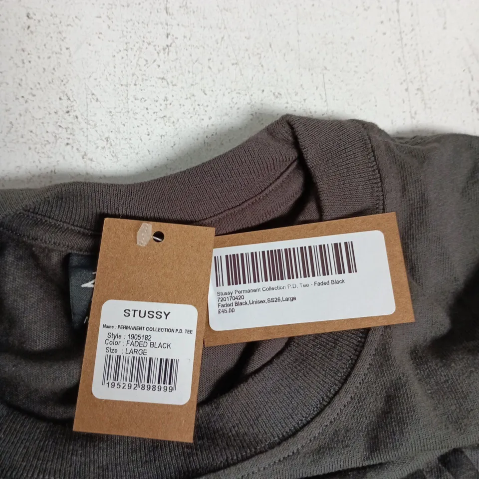 STUSSY PERMANENT COLLECTION P.D. TEE – FADED BLACK, SIZE LARGE