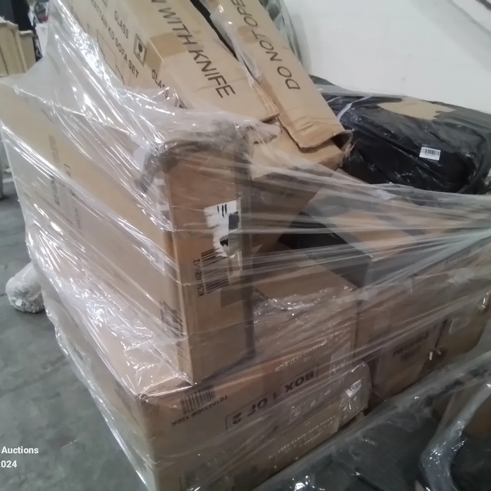 PALLET CONTAINING VARIOUS INCOMPLETE BOXED FURNITURE PARTS AND OTHER HOUSEHOLD ITEMS ETC.