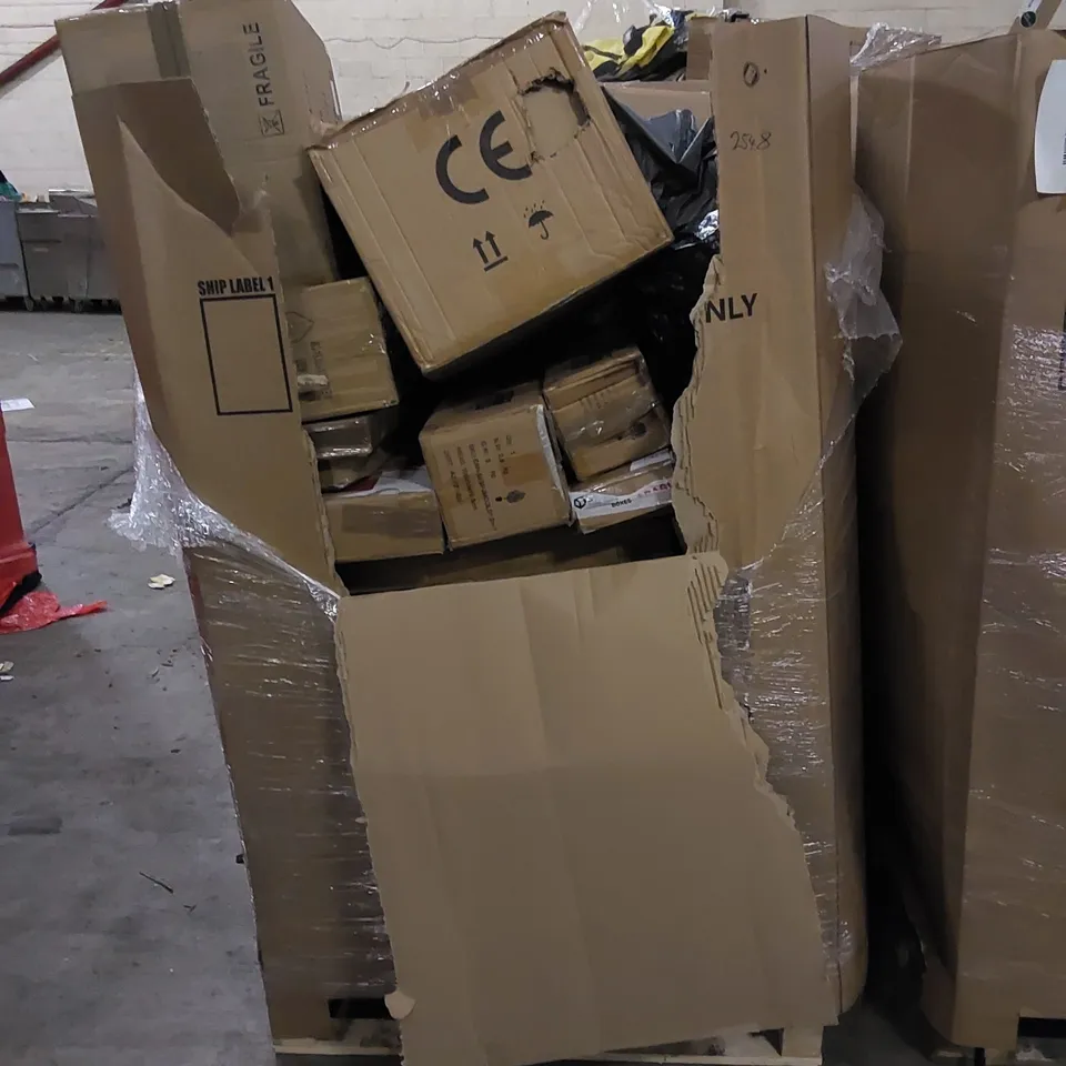 PALLET TO CONTAIN ASSORTED HOUSEHOLD ITEMS AND CONSUMER PRODUCTS. INCLUDING TOILET SEATS, BOXED FURNITURE ETC