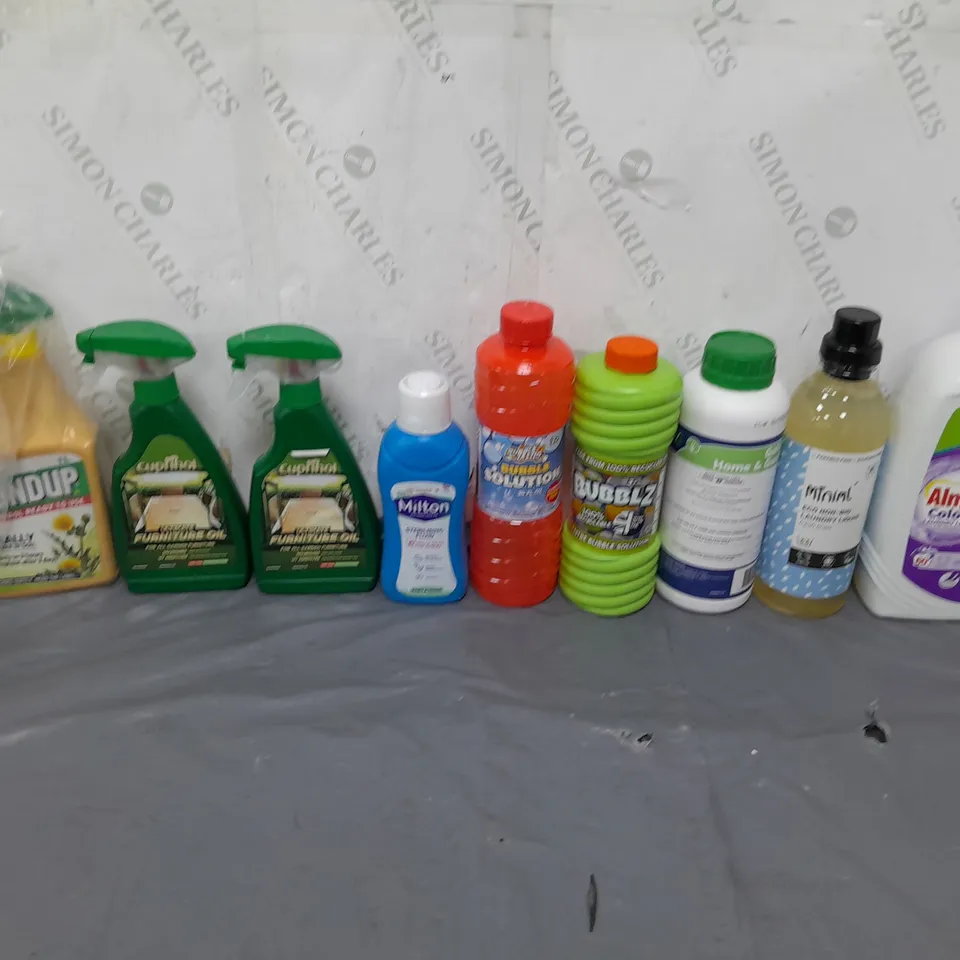 TOTE OF APPROX 10 HOUSEHOLD ITEMS TOO INCLUDE ULTIMATE FURNITURE OIL, STERILISING FLUID, AND BUBBLE SOLUTION ETC. 