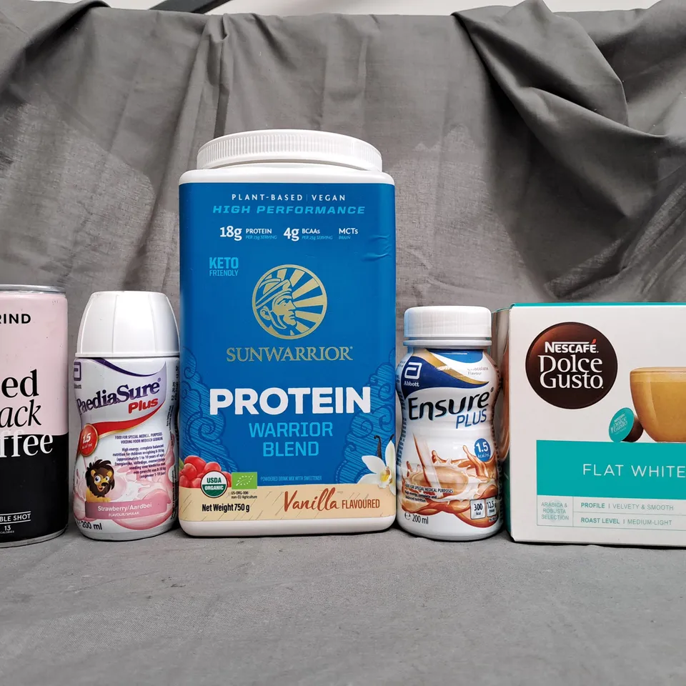 TOTE OF APPROX 14 ASSORTED FOOD ITEMS TO INCLUDE - GRIND ICED BLACK COFFEE , SUN WARRIOR PROTEIN WARRIOR BLEND , NESCAFE DOLCE GUSTO FLAT WHITE ETC