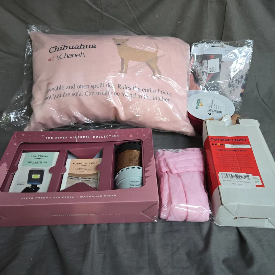 LARGE BOX OF APPROXIMATELY 15 ASSORTED HOUSEHOLD ITEMS TO INCLUDE - CHIHUAHUA CUSHION RIVER AIRFRESH COLLECTION - OUTSIDE LIGHT - ETC