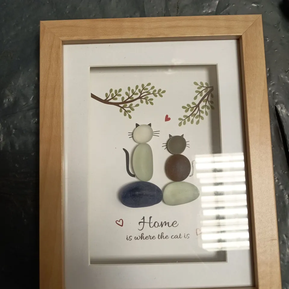 BOX OF APPROXIMATELY 20 ASSORTED HOUSEHOLD ITEMS TO INCLUDE: HOME IS WHERE THE CAT IS PHOTO AND BAG OF YARNSMITHS YARN