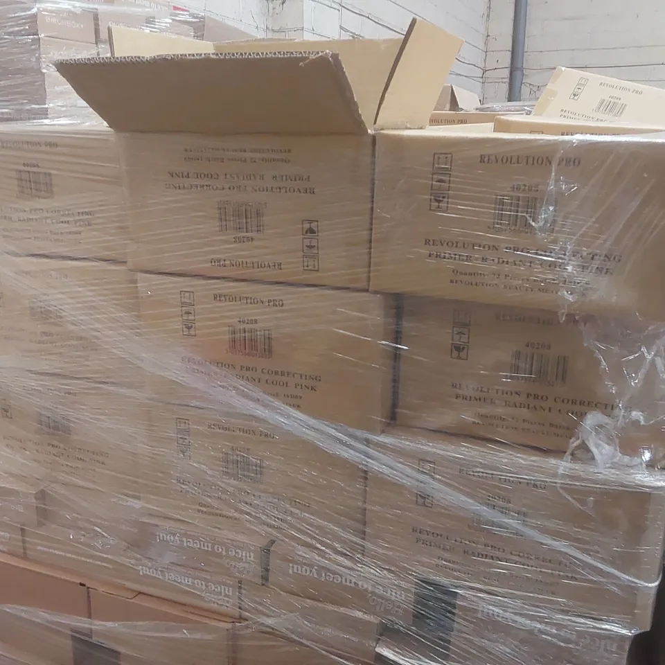 PALLET CONTAINING A VERY LARGE QUANTITY OF ASSORTED BEAUTY RELATED PRODUCTS INCLUDING: REVOLUTION PRO CORRECTING PRIMER ECT