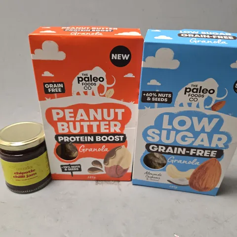 APPROXIMATELY 6 ASSORTED FOOD ITEMS TO INCLUDE - GRAIN FREE GRANOLA , PEANUT BUTTER PROTEIN BOOST GRANOLA , CHILLI JAM ETC