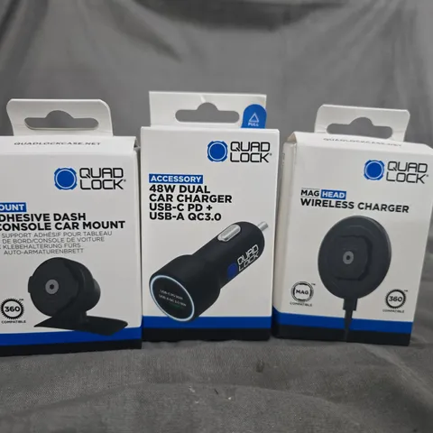 QUAD LOCK VEHICLE MOUNTS & CHARGERS – SET OF 3 BOXED ACCESSORIES