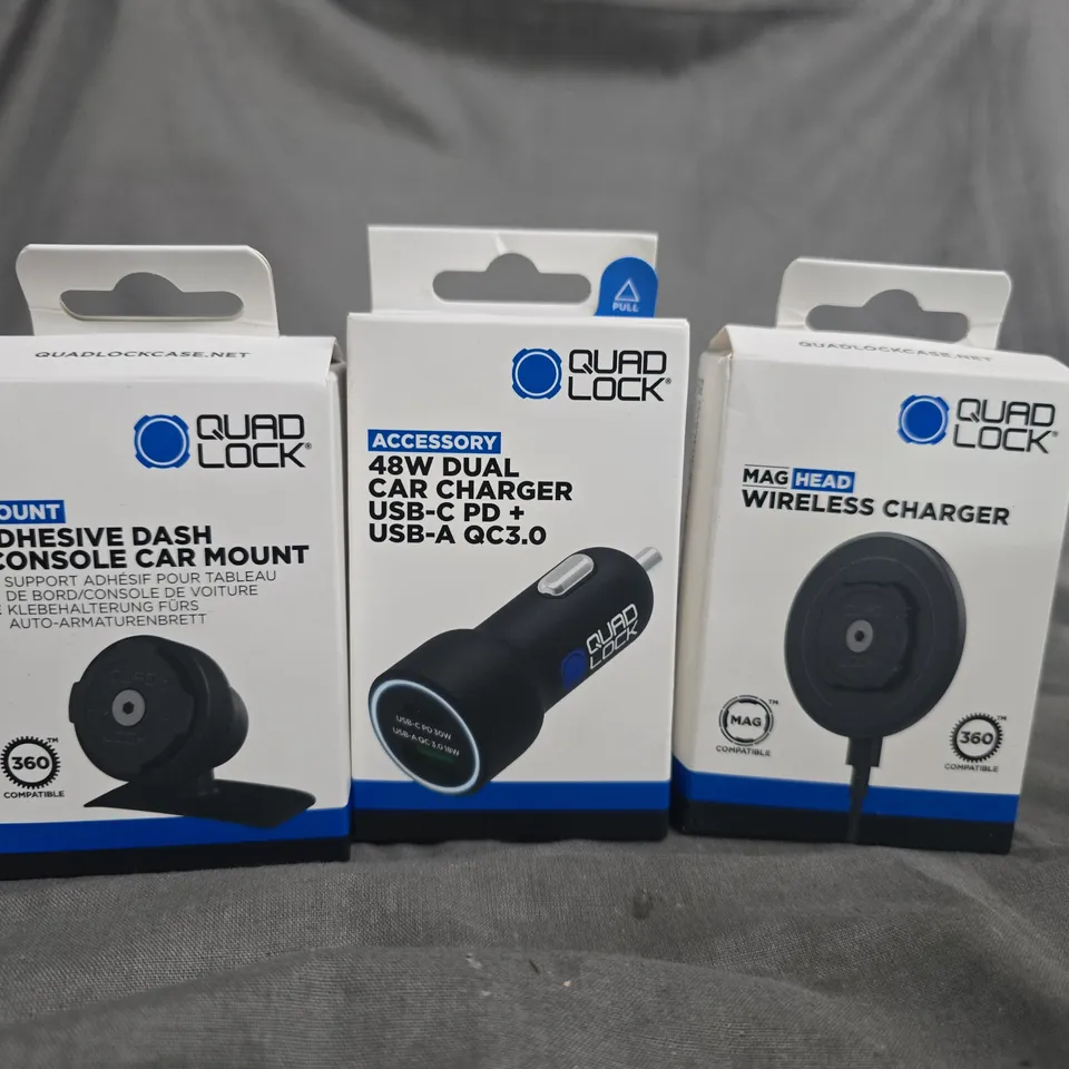 QUAD LOCK VEHICLE MOUNTS & CHARGERS – SET OF 3 BOXED ACCESSORIES